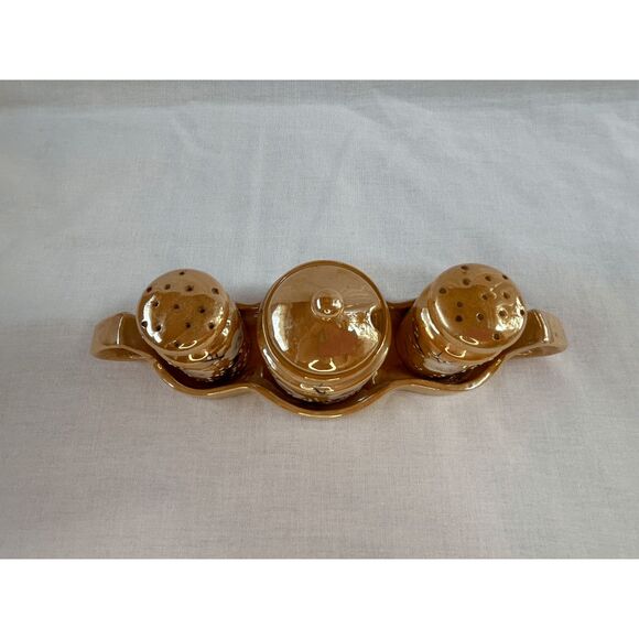 Vintage Lusterware Salt/Pepper/Sugar Set in Holder, Peach Flowers, Made in Japan - Picture 4 of 11